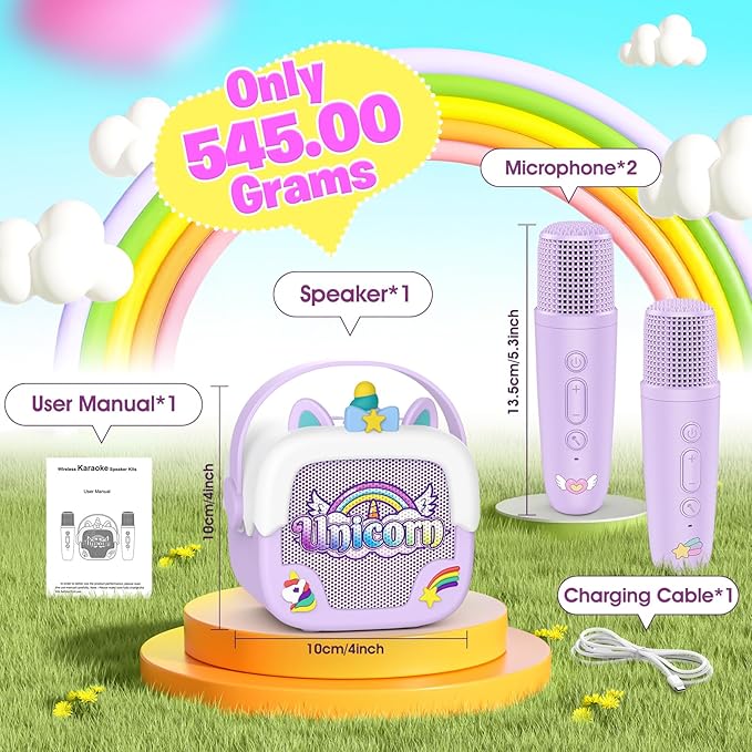 Mini Karaoke Machine for Kids Girls: Unicorn Portable Bluetooth Speakers with 2 Wireless Mic Toys for Girls Age 4-6 7 8 9 Years Old Girl Easter Birthday Gifts for 5 6 7 8 9 10 11 Years Teens Purple