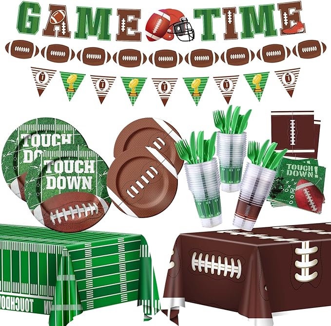 173PCS Football Party Supplies Kit for 24 Guests - Football Birthday Supplies with Paper Plate Napkin Big Cup Cutlery Banners Touchdown Tablecloth Tailgate Party Decorations(A)