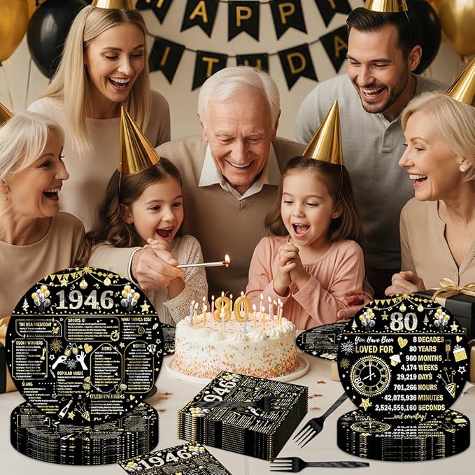 96PCS 80th Birthday Plates and Napkins Party Supplies 80th Birthday Decorations for Women Men 80th Anniversary Decorations Cheers to 80 Years Vintage 1946 Tableware Sets Serve 24 Guests