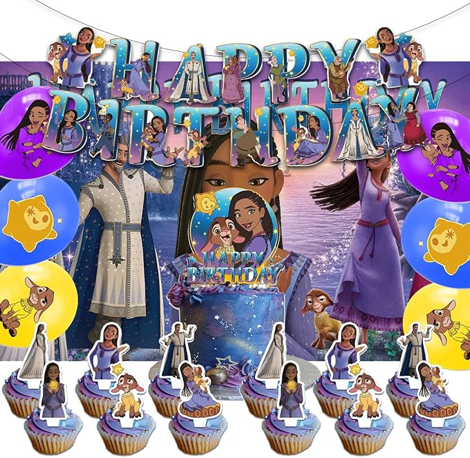 42Pack Wish Birthday Party Supplies Pack Includes，Banner，Cake Topper，Blackdrop,Balloons for Wish party supplies