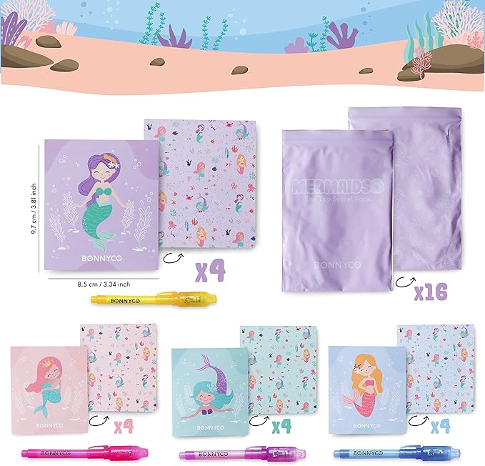 BONNYCO Invisible Ink Pen and Notebook Pack 16, Mermaid Party Favors for Kids. Magic Spy Pen Goodie Bags Stuffers for Kids, Mermaid Party Supplies. Goody Bag Stuffers, Return Gifts Birthday Prizes