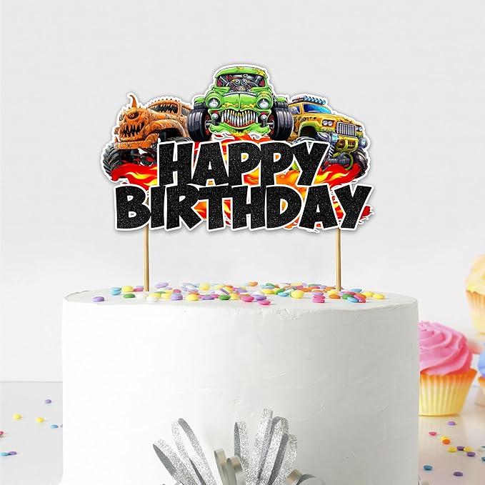 Monster Truk Happy Birthday Cake Topper- with Bold Off Road Truck Design, Colorful Racing Vehicle Theme Cake Decoration for Birthday Party Table Display, Dessert Centerpiece, Photo prop.