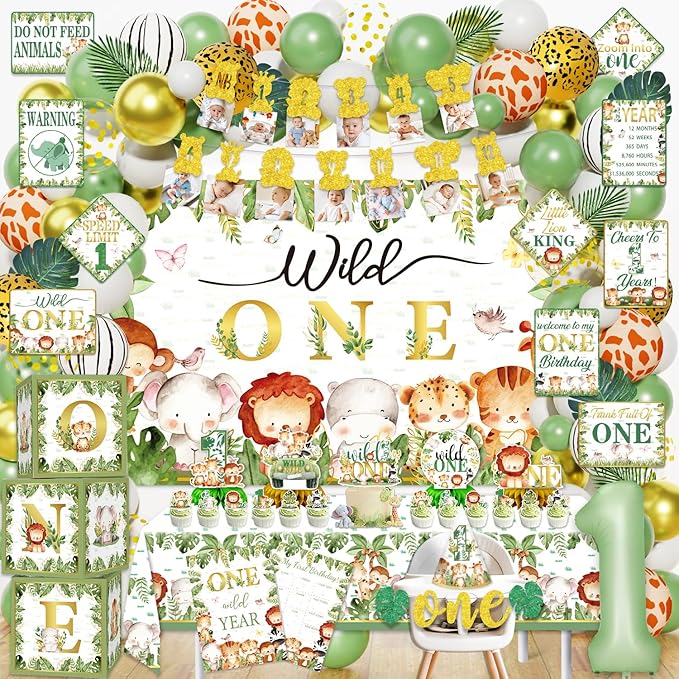 Mpanwen Wild One Birthday Decorations for Boys, 132 Pcs First Safari Jungle Theme Party supplies for 1st Boy Baby - Backdrop, Tablecloth, Palm Leaves, Centerpieces, Crown, Poster, Wall Signs, Blocks