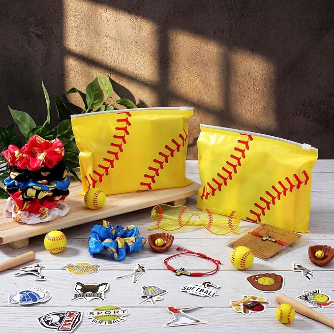 150 Pcs/20 Sets Softball Team Gifts for Girls - Softball Senior Night Gifts with Scrunchies Makeup Bags Sunglasses Bracelets Stickers Sport Birthday Party Favors for Girls