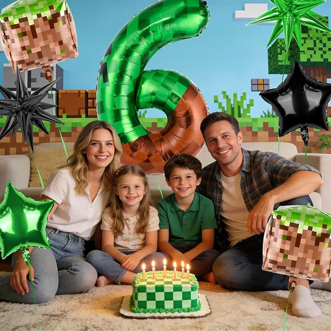 40 Inch Green Pixel Miner Number 6 Balloon Set, 7Pcs MIning Large Foil Balloon Video Game Themed Party Party Decorations for Kids' Anniversary Balloon Party Supplies Supplies