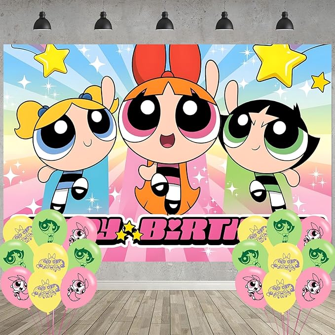 Power Girls Birthday Party Decoration,Power Girls Party Photo Background 5 x 3 FT and 18 Pcs Balloon,Merch Party Backdrop Supplies