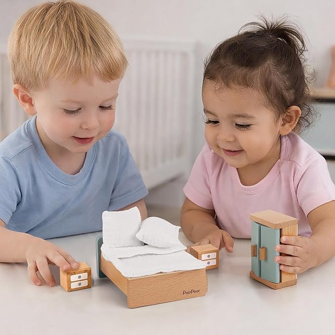 PairPear Wooden Toys Dollhouse Furniture Playset,35 Piece Furnitures with Family Dolls,Doll House Accessories Pretend Play Gift for Girls and Boys 3 Year and Up