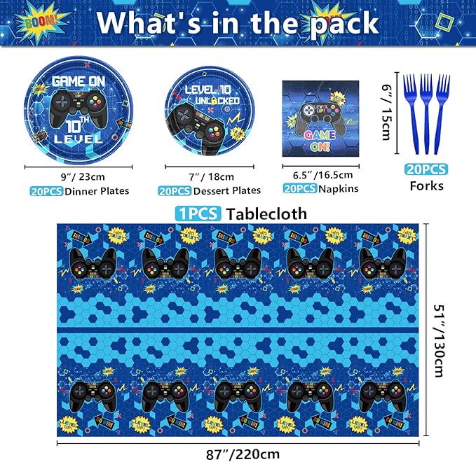 10th Birthday Decorations for Boys, 81 Pcs Level 10 Video Game Party Decorations, Including Video Game Plates Napkins Tablecloth Forks for Gamer Birthday Party, Serves 20, Blue