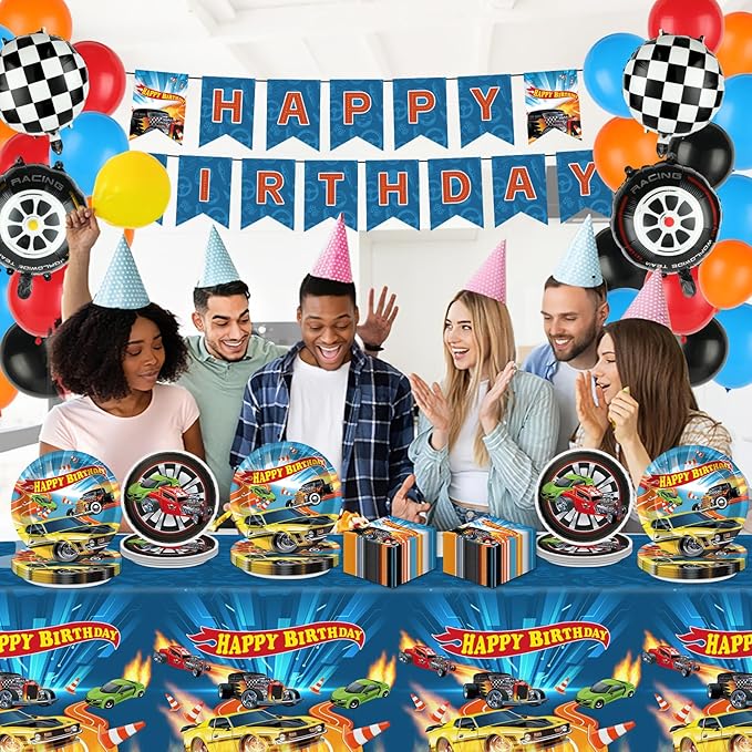 127Pcs Wheels Race Car Birthday Party Supplies Race Cars Plates Napkins Tablecloth with Racing Car Banner Monster Truck Wheels Checkered Balloons Racing Signs Decorations