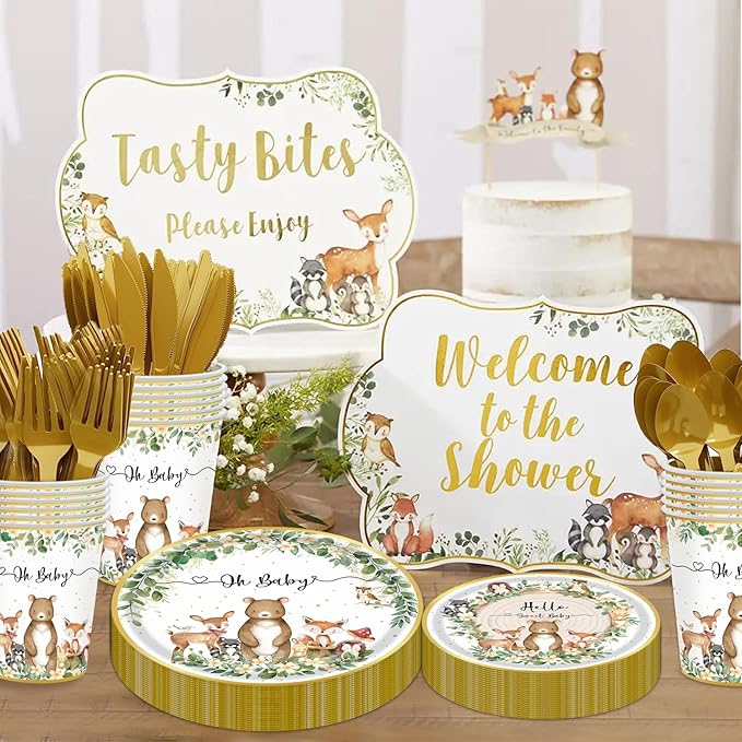 Woodland Baby Shower Party Supplies - 350 Pcs Safari Jungle Animal Wild Animal Party Decorations Nature Sage Plates Napkin Cups Spoons Forks Knives Tableware Set, Serves 50 Guests