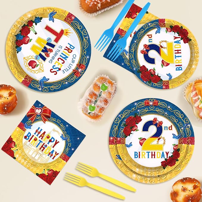96 Pcs Snow Princess 2nd Birthday Party Supplies Cartoon Snow Plates and Napkins Red Blue Yellow Tableware Set for Girls 2nd Birthday Baby Shower Princess Theme Party Supplies, Serves 24