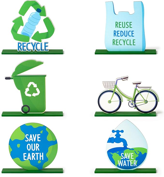 6Pcs Earth Day Cute Tiered Tray Decoration Centerpieces, Environmental Protection Wood Sign Recycle Save Water Table Topper Decor Happy Earth Day Supplies for School Home Office Desk Shelf