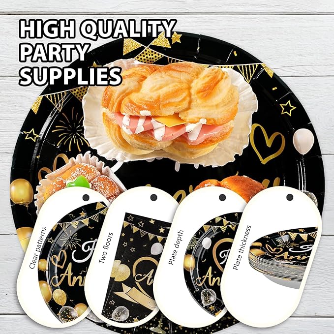 96 Pcs Happy Anniversary Decorations Disposable Black and Gold Anniversary Party Paper Plates and Napkins Tableware Set Wedding anniversary Party Supplies for 40th 50th 60th Wedding Favors 24 Guests