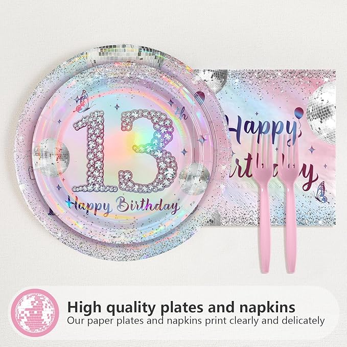 96Pcs 13th Birthday Party Decorations for Girls Teenager Plates and Napkins Iridescence Silver Pink 13th Tableware for Teenager Girls Thirteen Birthday Party Decorations Serve 24