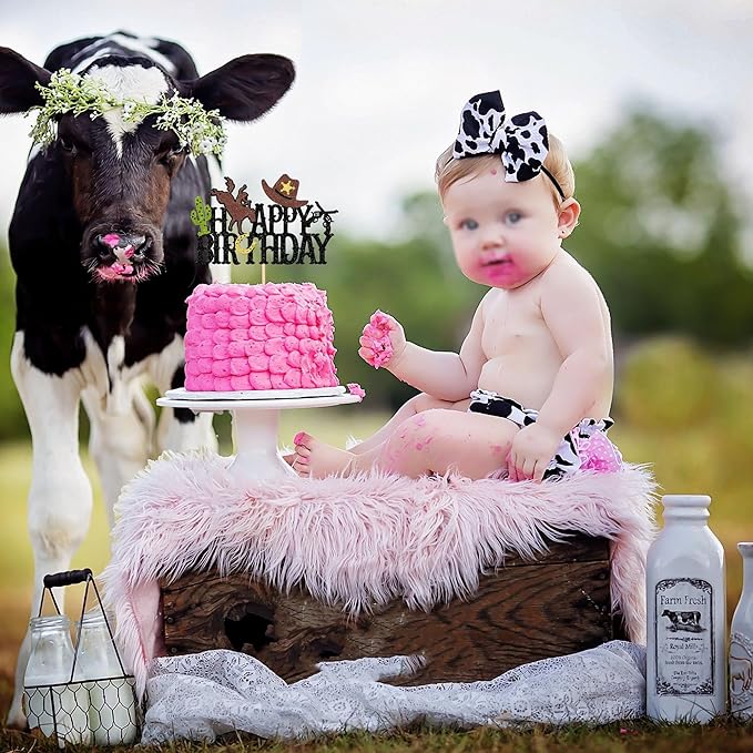 1 PCS Cowboy Happy Birthday Cake Topper Glitter Hat Horseshoe Cactus Gun Cake Pick for Western Theme Baby Shower Kids Birthday Party Cake Decorations