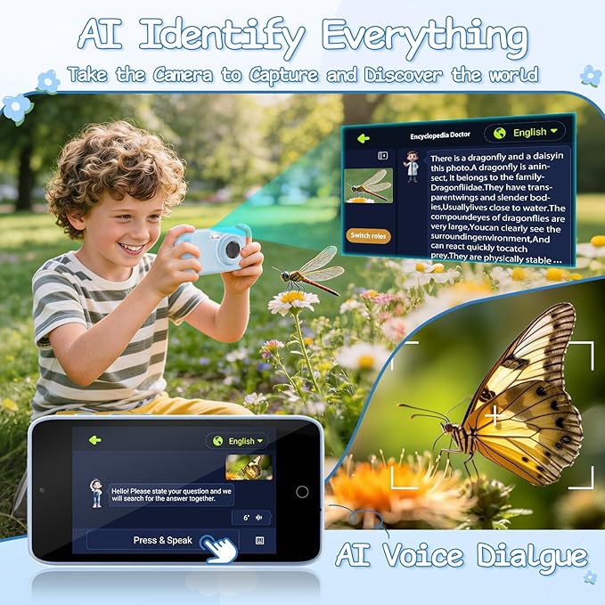 AI Everything Recognition Kids Camera for 4-12 Years Old Girls Boys, Supports 5G/2.4G Dual-Band Wi-Fi,4" LCD Touch Screen,Dual Lenes Selfie Digital Camera,Gift Ideas for Birthday Christmas Festival