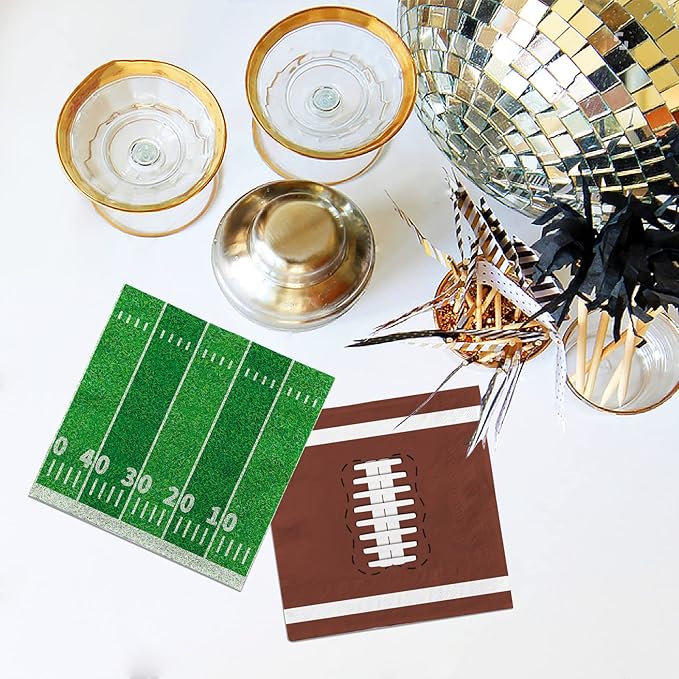 80 Pcs Football Birthday Party Supplies Disposable Paper Cocktail Napkins for Tailgate Party Decorations, Assorted 40 Pack Football Field Design and 40 Pack of football Pattern, Total 80 Pack