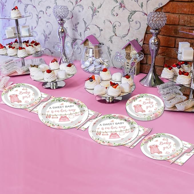 200Pcs Floral Baby Girl Shower Plates and Napkins Decoration Pink Girl Party Tableware Dinnerware Set Spring Rose Gold Paper Plates for Baby Gender Reveal Party Supplies Serves 50