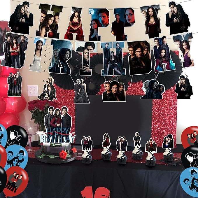 The Vampire Diaries Party Decorations,Birthday Party Supplies For Party Supplies Includes Banner - Cake Topper - 24 Cupcake Toppers - 18 Balloons-6 Swirls