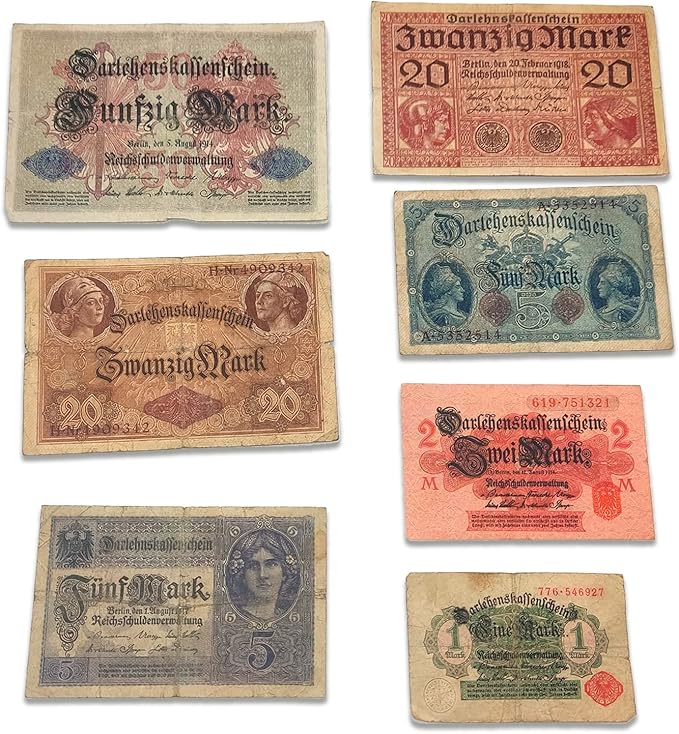 IMPACTO COLECCIONABLES WWI German Empire Collection - 7 banknotes issued from 1914 to 1918 Certificate of Authenticity included