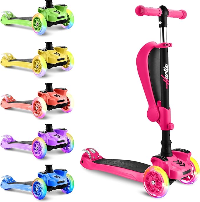 Hurtle 3-Wheeled Scooter for Kids - Wheel LED Lights, Adjustable Lean-to-Steer Handlebar, and Foldable Seat - Sit or Stand Ride with Brake for Boys and Girls Ages 1-14 Years Old