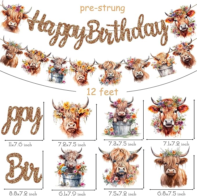 Brown Glitter Highland Cow Birthday Banner - Cattle Themed Party Decorations for Baby Shower Supplies