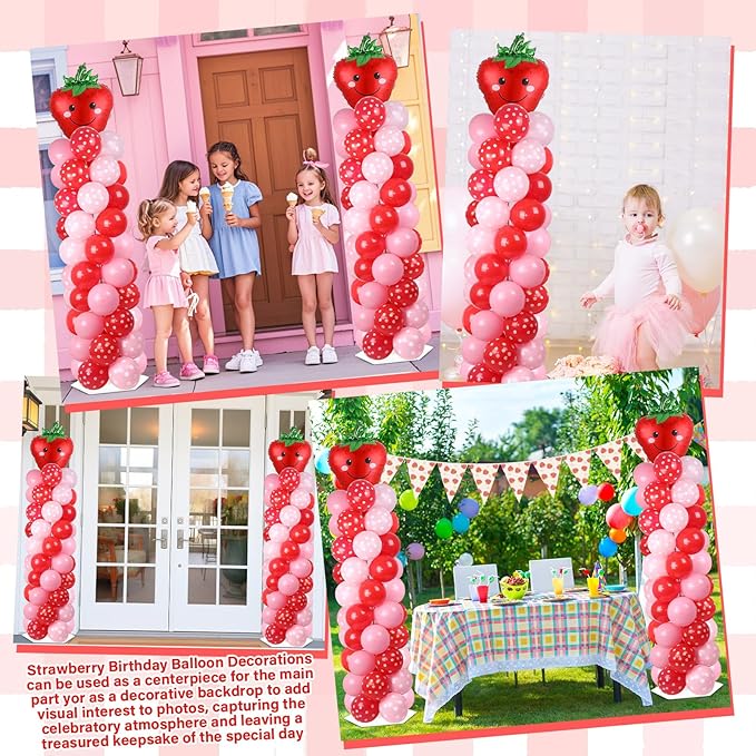 2 Sets Strawberry Party Balloon Column Stand Kit With 102 Sweet 1st Strawberry Foil Balloons 5.57Ft Adjustable Balloon Tower Stand With Base Adjustable Arch Column for Girl Birthday Baby Shower Supply
