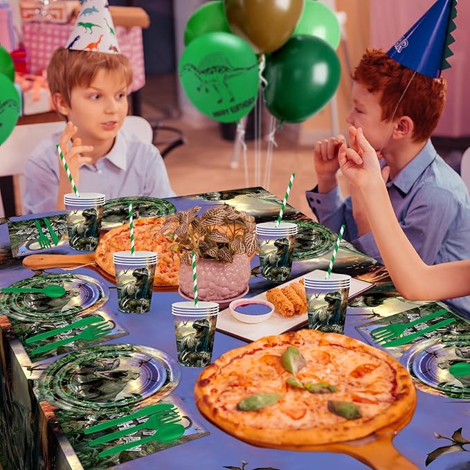 Dinosaur Birthday Decorations 280 PCS Dinosaur Birthday Backdrop Plates Napkins Tablecloth Balloons Jurassic Dino Party Supplies Serve 24