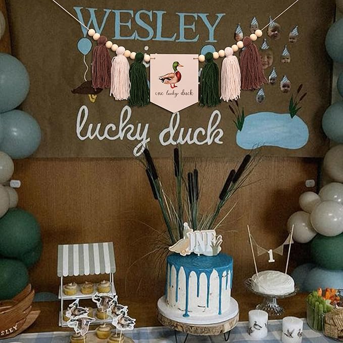 Gostman One Luck Duck High Chair Banner - Mallard Duck Hunting First Birthday Party Supplies,Mallard Duck Sign First Birthday Highchair Banner (mallard duck banner)