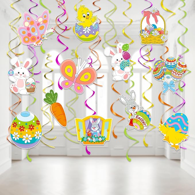 Hanging Easter Decorations Swirls 30pcs, Easter Egg Bunny Ceiling Hanging Party Streamers, Foil Easter Party Decor Supplies for Home Office School, Dangling Spinners Easter Party Ceiling Decor