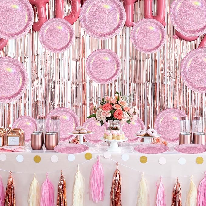 Grencian 96Pcs Pink Pastel Party Supplies Light Pink and White Plates and Napkins Tableware Set Rainbow Birthday Decorations for Girls Women Sprinkle Bride Shower Wedding Anniversary Party Serves 24