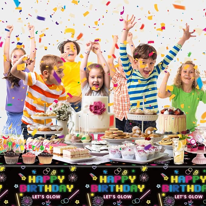 4 Pack Neon Glow Party Table Covers - 51x86 Inch Tablecloths, Glow in The Dark for Birthday Parties, Black Light Compatible