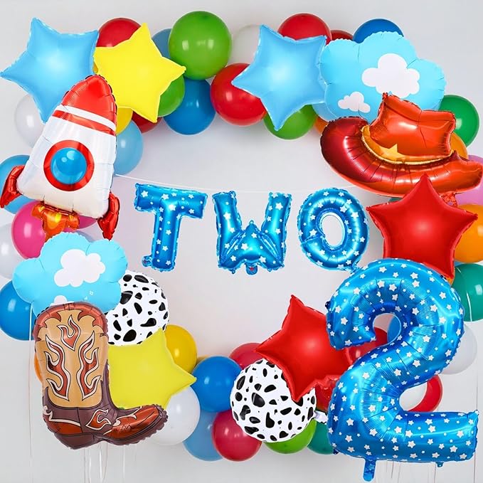 Toy Themed Story Birthday Decoration Balloon Set,Cartoon Style Birthday Rocket,Cowboy Hat,Boots,Clouds,Star Patterns, For kid Party Supply (2nd-Two Infinity and Beyond)