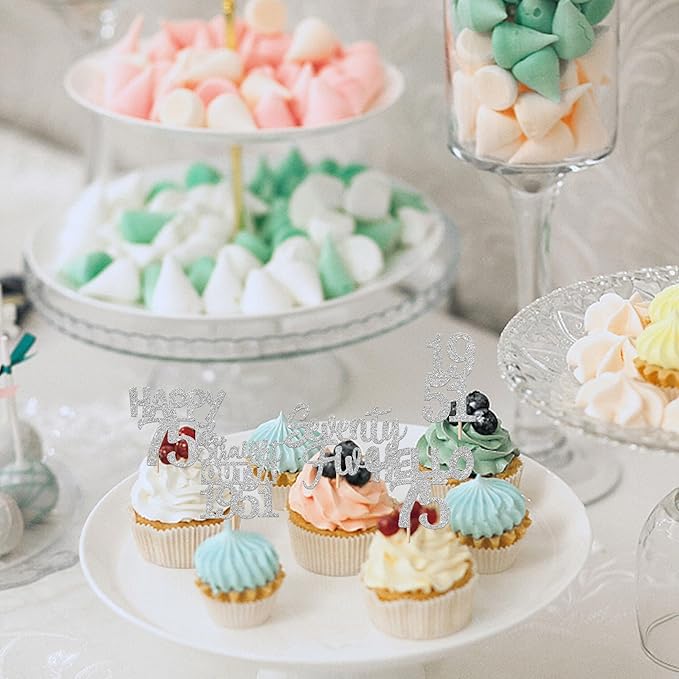 30 PCS 75th Birthday Cupcake Toppers Glitter Seventy Five Happy 75 Straight Outta 1951 Cupcake Picks for Cheers to 75 Fabulous 75th Birthday Anniversary Party Cake Decorations Supplier Silver