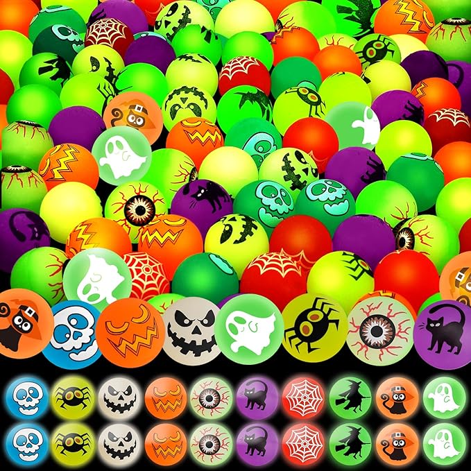 SpringFlower 100 Pcs Glow in The Dark Bouncing Balls,Halloween Party Favors Supplies, Trick or Treating Goodie Bag Filler，School Classroom Game Rewards, 10 Assorted Halloween Theme Designs