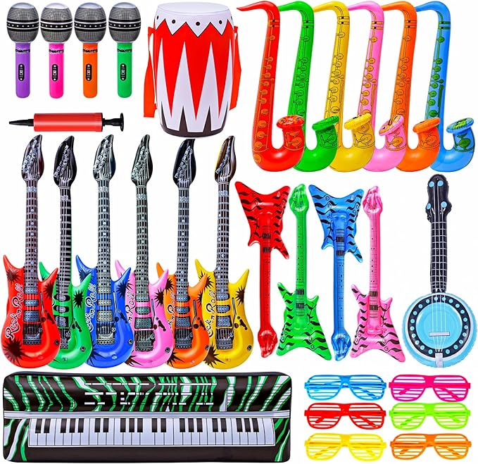 Max Fun Inflatable Rock Star Toy Set, 30 PCS 80s 90s Party Decorations Inflatable Party Props Musical Instrument Blow up Guitar Inflate Rock Band for Carnival Party Favors Rock and Roll Party Supplies