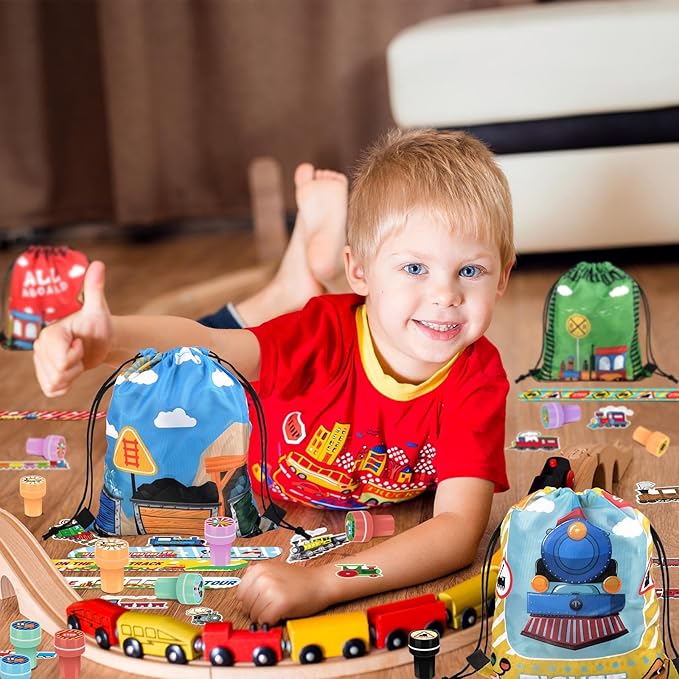 TOQI 98 Pcs Train Party Favors,Train Print Party Supplies Include Stickers Stamps Keychains Slap Bracelets and Drawstring Bags Party Decorations for Kids TrainTheme Birthday supplies (A-Train)