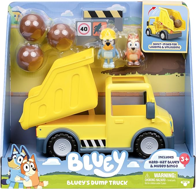 Bluey Dump Truck Toy Playset, Sturdy Working Toy Dump Truck with 2 Articulated Figures and 3 Huge Boulders, Construction Toys for Kids of Ages 3+