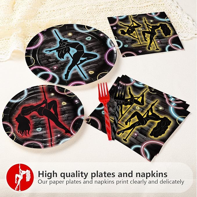 96Pcs Pole Dance Party Supplies Pole Dancing Party Plates Disposable Paper Dance Tableware Set for Girls Bachelorette Birthday Decorations Serves 24
