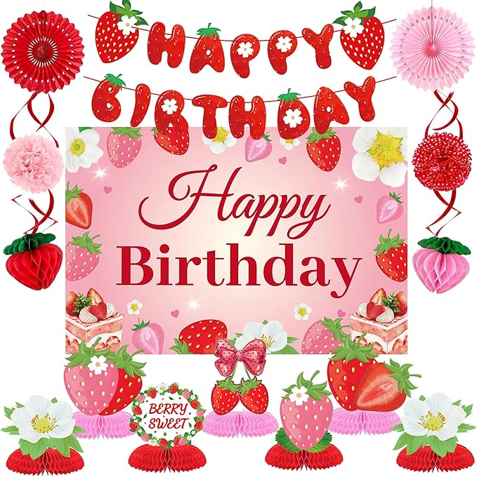 Strawberry Birthday Party Decorations ，Strawberries Banner Backdrop Red Pink Fans Hanging Swirls honeycomb ball Pom Poms for Baby Shower Strawberrys Shortcake Party Supplies(Strawberry)