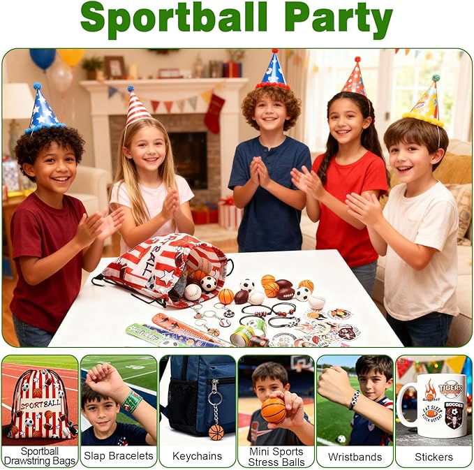 169 Pcs Sportball Party Favors Bulk 48 Pcs Sportball Stress Balls and Sport Stickers 24 Pcs Sport Keychain and Wristbands and Snap Bracelets Drawstring bags for Team Birthday Party Supplies