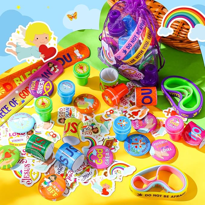 110 Pieces Jesus Party Favors for Kids, Bible Verse Slap Bracelets Stickers Stampers Rubber Bracelets Gift Bags Button Pins for Christian Religious Inspirational Christmas Party Gifts
