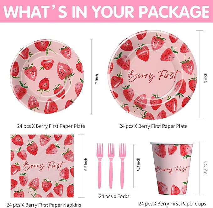 Strawberry Berry First Birthday Party Supplies - Strawberry 1st Birthday Party Decorations Tableware, Plate, Cup, Napkin, Fork, Serve 24