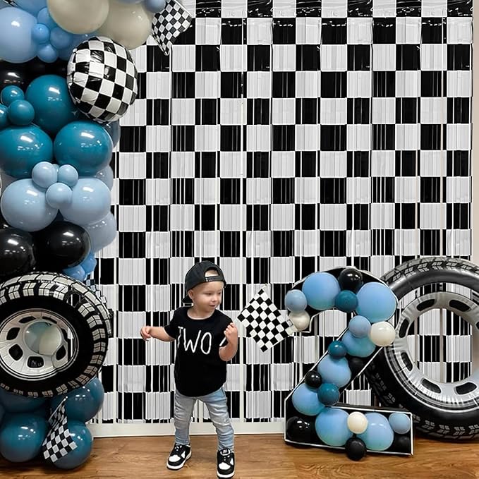 Race Car Foil Fringe Curtains Backdrop Birthday Party Decorations, 2 Pack 3.28 x 6.56 Ft Black White Foil Fringe Curtain Photo Booth Props Racing Car One Happy Dude Birthday Party Decorations