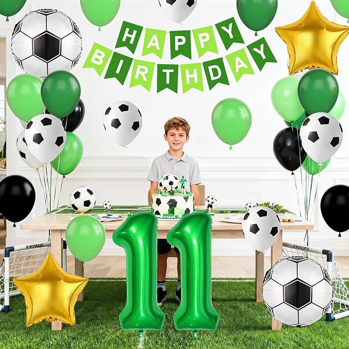 Soccer Birthday Party Decorations for Boys, 11th Soccer Birthday Decoration with Green Black White Balloons 'HAPPY BIRTHDAY' Banner Cake Toppers 32in Foil 11 Balloon for Boys Men Sports Party Decor