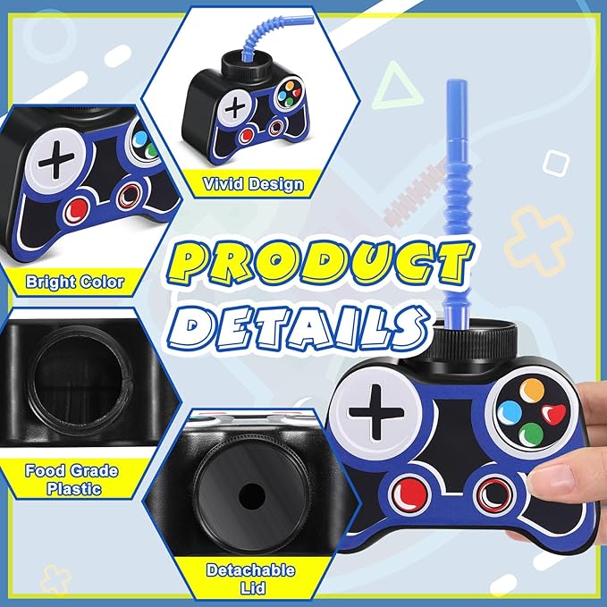 Mifoci 12 Pcs Plastic Video Game Party Cups with Straw and Lid 10oz Gamer Birthday Themed Drink Cups 7th Video Game Party Favors for Kids Toddlers Gamer Birthday Supplies (Blue)