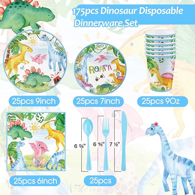 Dinosaur Birthday Party Supplies - 175PCS Dinosaur Themes Party Tableware Set, Bithday Disposable Paper Plates Cups and Napkins For Boys Kids Birthday Baby Shower Decorations, Serve 25