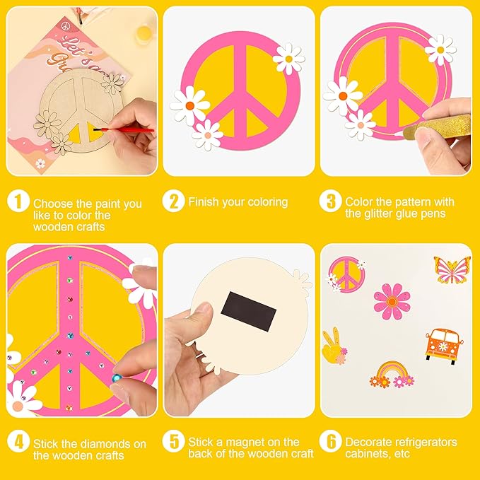 Bafeil 24 Sets Groovy Party Favors, DIY Wooden Painting Crafts Kit with Magnets, Retro Hippie Birthday Decorations, Retro Boho Themed Birthday Party Supplies Gifts Goodie Bags Stuffers Prizes