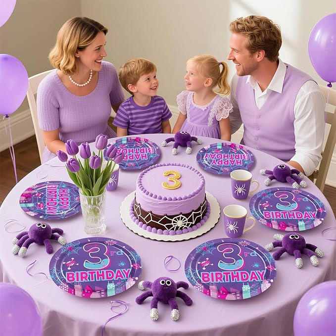 Purple Spider 3rd Birthday Party Decorations Purple Spider Themed Plates and Napkins Cartoon 3rd Decorations for 3 Years Old Boys Girls Kids Birthday Party Supplies