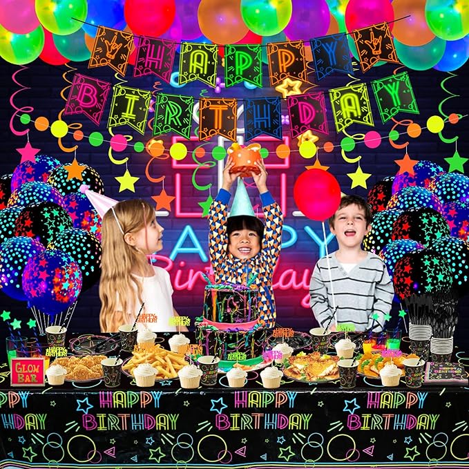 Glow Neon Party Supplies - Neon Balloon, Glow in the Dark Happy Birthday Banner, Hanging Swirls, Cake Topper, Tablecloth, Plates, Napkins, Cup for Blacklight Party Decorations, Serves 20 Guest